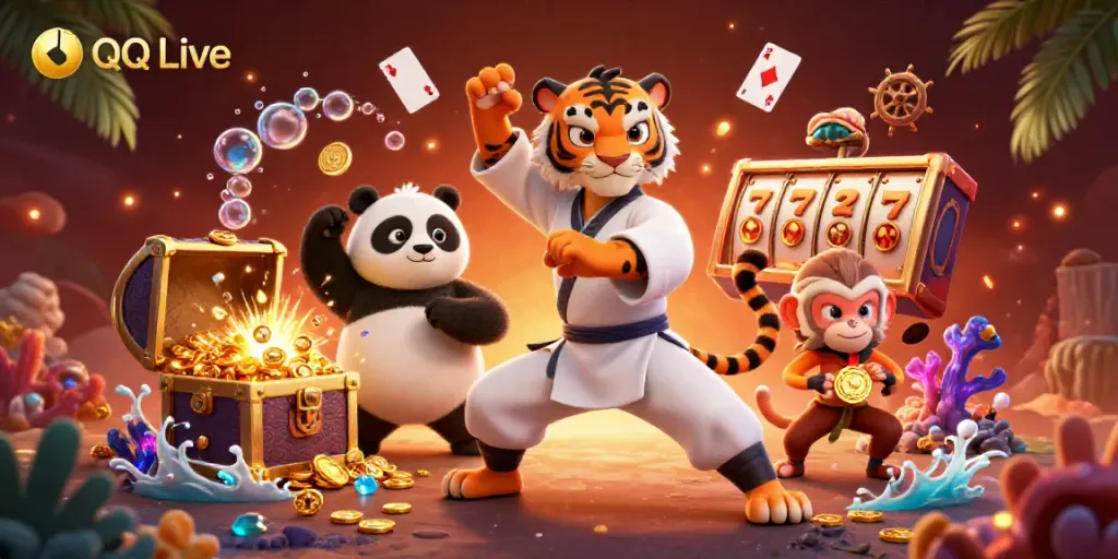 A lively QQ Live scene depicting a kung fu tiger, panda disciple, and a monkey stealing a medal amidst colorful gambling elements.