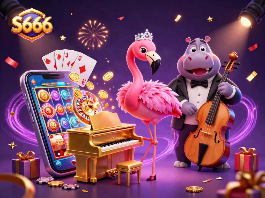 S666 players enjoying vibrant casino illustration featuring a lively flamingo singer and a hippo bassist.