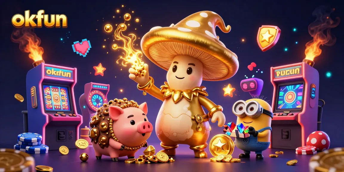 Experience okfun's magical gaming atmosphere with a 3D golden mushroom wizard and treasure-seeking themes.