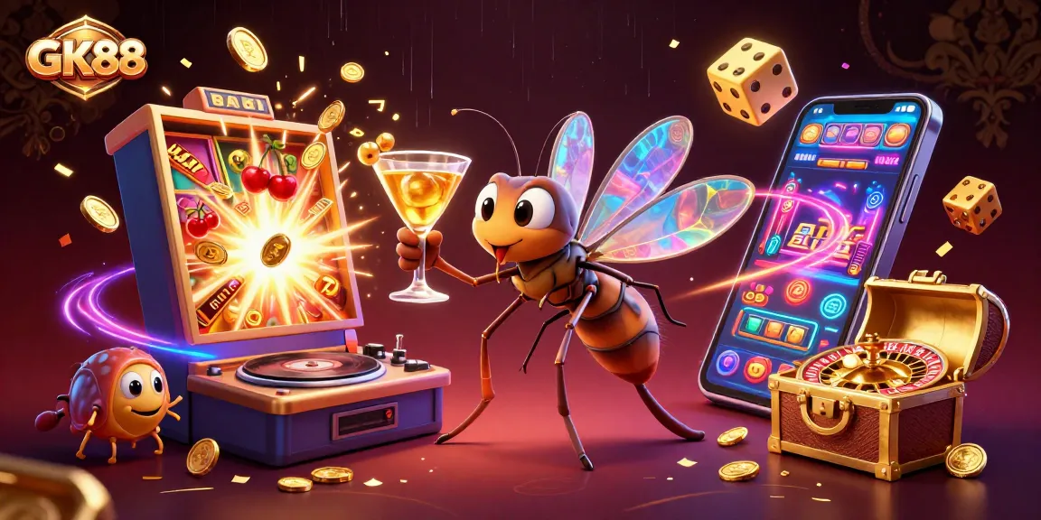 Gamble and win big at GK88 with a vibrant scene featuring slot machines, dice, and a dynamic atmosphere.