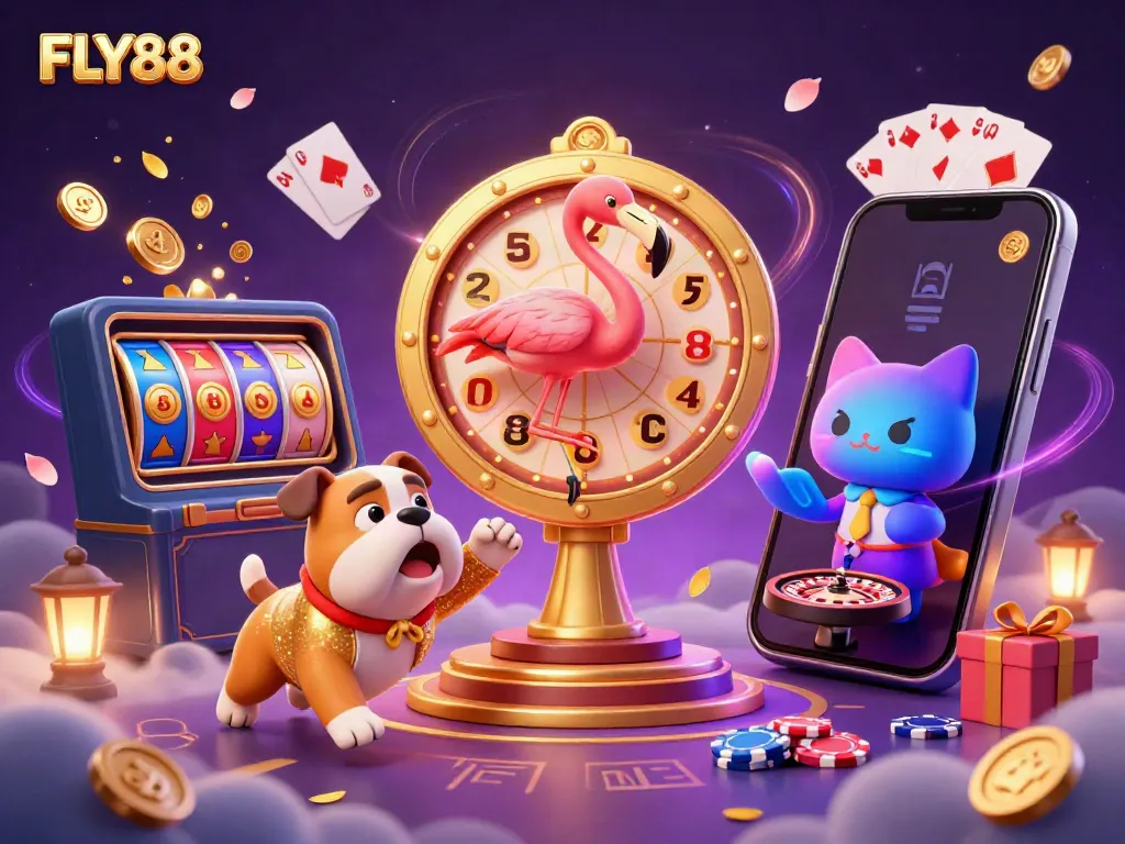 Experience the excitement of FLY88 with a game show scene featuring gambling elements and vibrant characters.