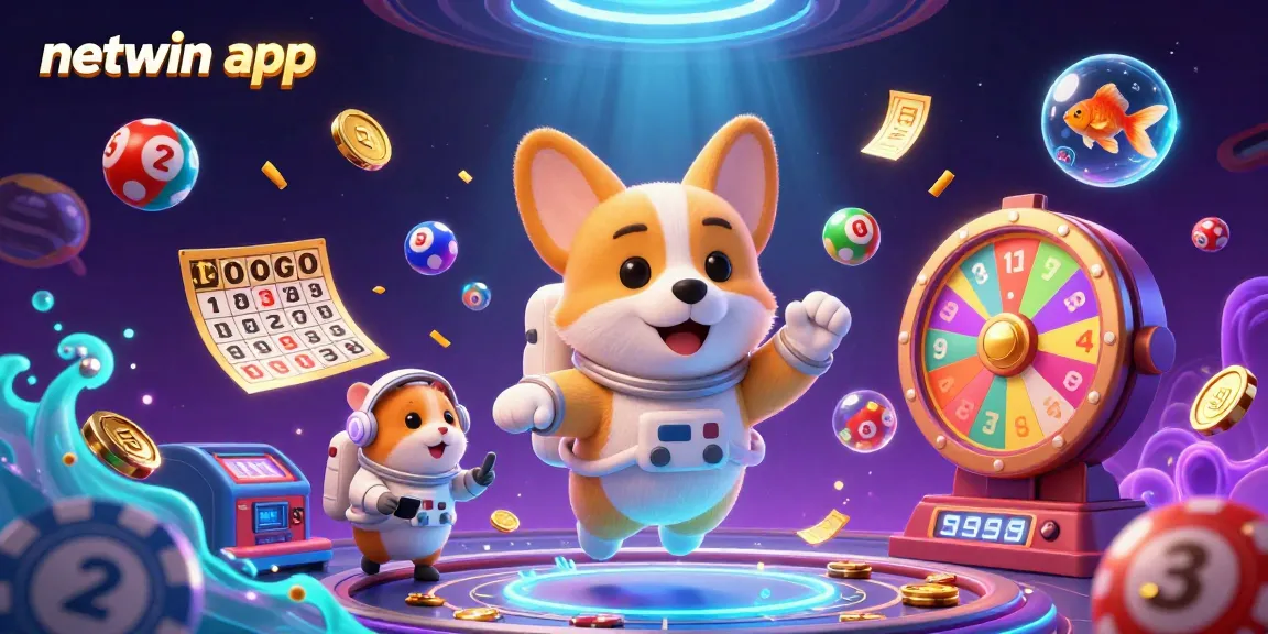 Bet on fun with the netwin app featuring a floating corgi and vibrant casino elements.