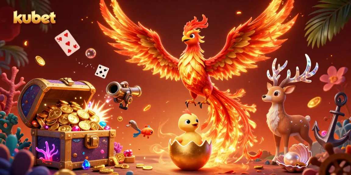 Kubet's vibrant scene showcases a fire phoenix and game elements, promising thrilling casino excitement.