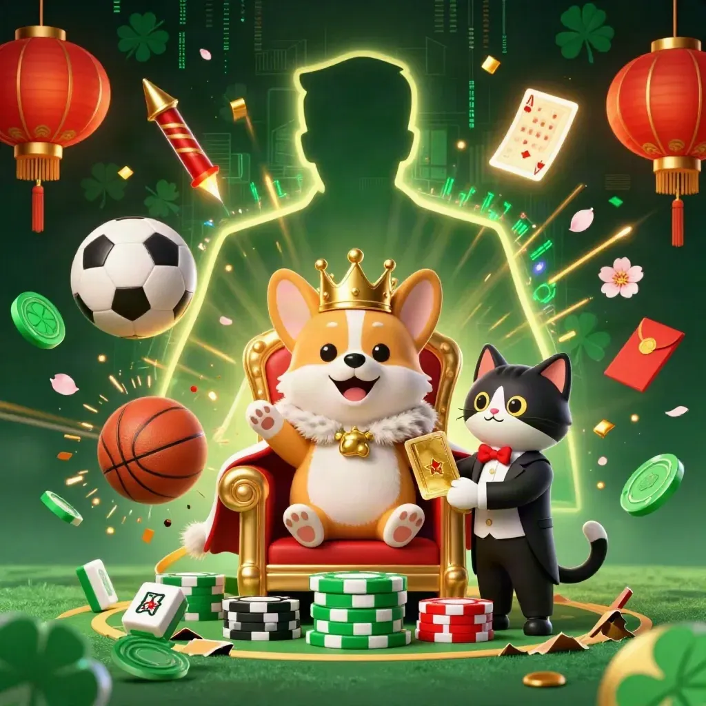 Royal corgi and cat butler amid flying sports balls, chips, lanterns, coins, and neon casino effects.