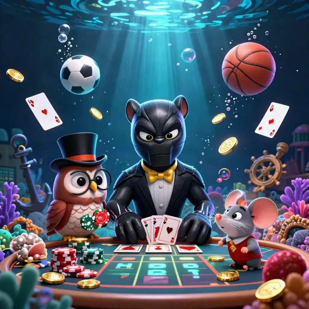 Panther, owl, and mouse in a glowing underwater casino cove with sports balls and chips.