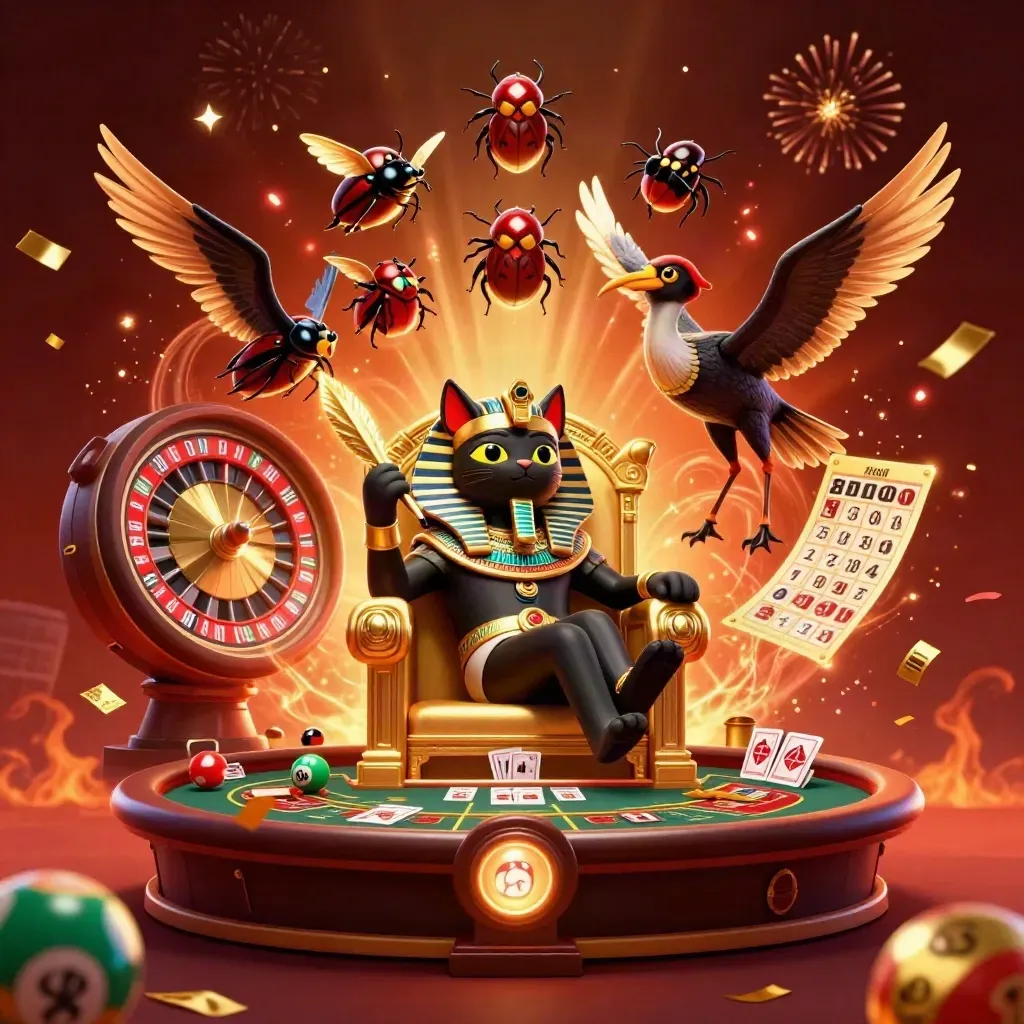 Pharaoh cat, ibis scribe and gem-winged scarabs amid casino lights and spinning prizes.