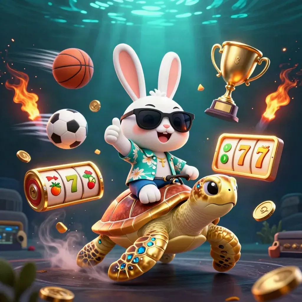 Lucky rabbit on a golden sea turtle amid tropical fish, coins, and casino loot underwater