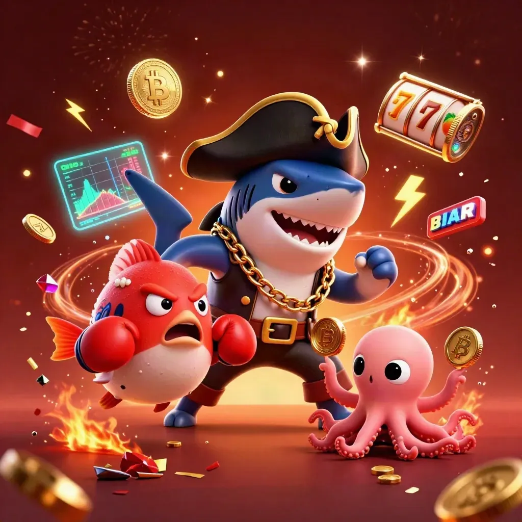 Pirate shark, boxing pufferfish, and coin-juggling octopus amid neon crypto casino chaos.
