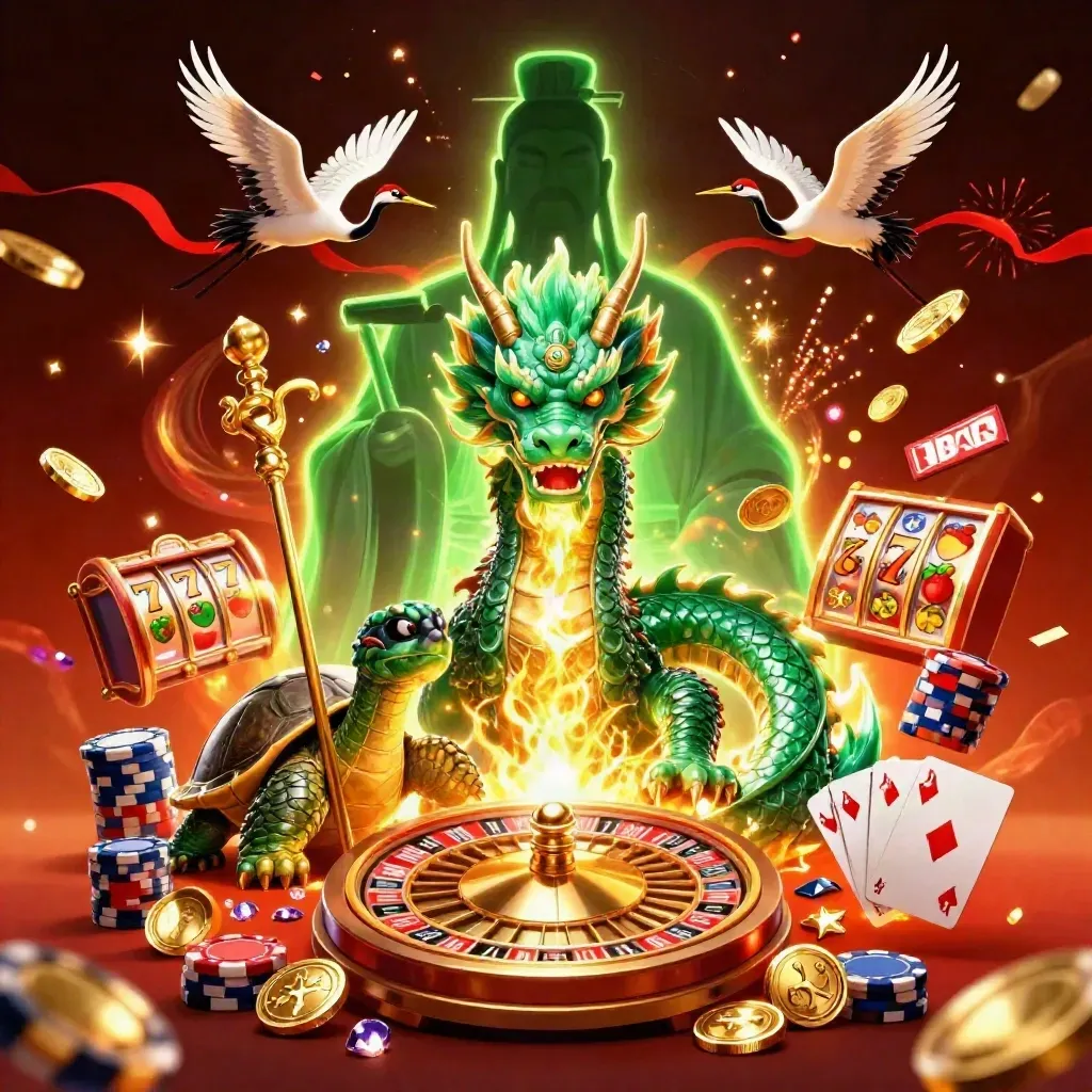 Emerald dragon, turtle sage and cranes amid casino coins, chips, roulette wheel and neon-green magic.