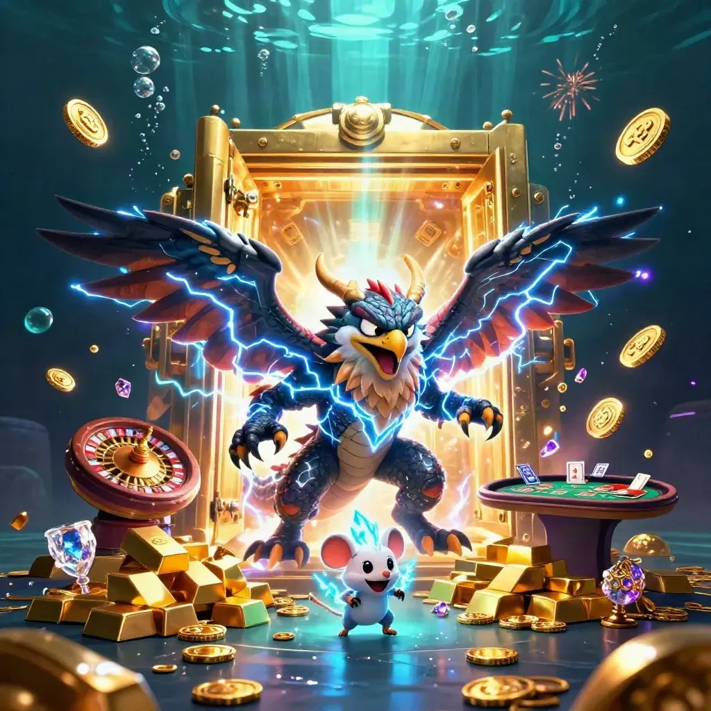 Thunder dragon, glowing hawk and static mouse amid exploding gold, vault, coins, and casino props underwater.
