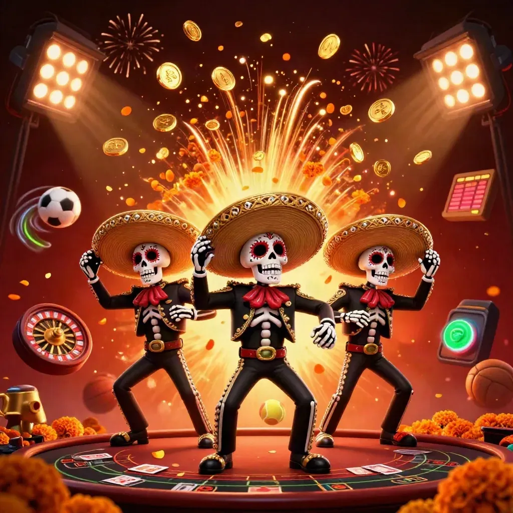 Skeleton mariachi trio amid vault burst, coins, sports balls, casino wheels, fireworks, crimson-gold glow