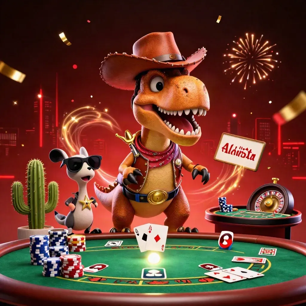 Cowboy T-Rex, cactus and roadrunner amid chips, cards, roulette wheel, sparks and neon casino glow.
