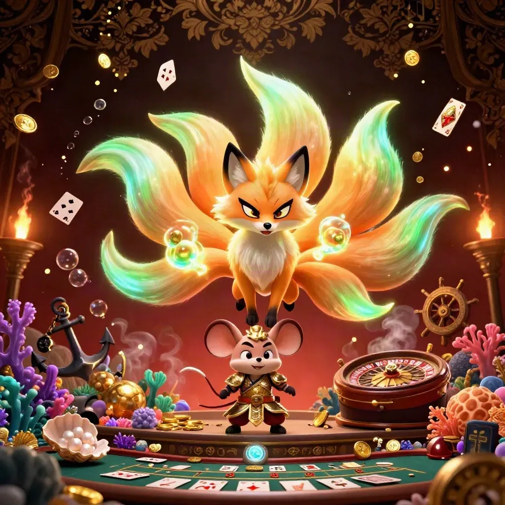 Nine-tailed neon fox spirit and armored samurai mouse amid gold coins, coral, roulette wheel, and casino relics