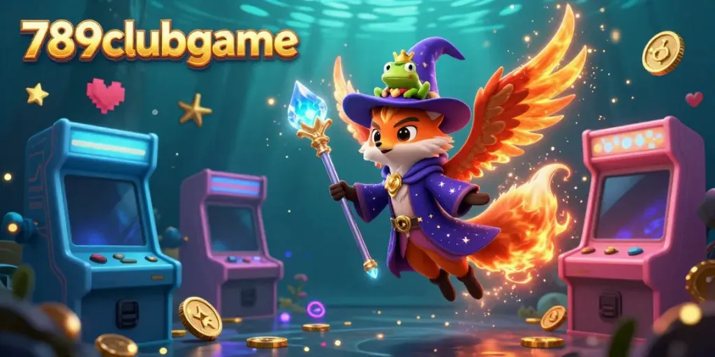 Engage with 789clubgame’s vibrant 3D cartoon wizard and phoenix, surrounded by lively gaming elements.