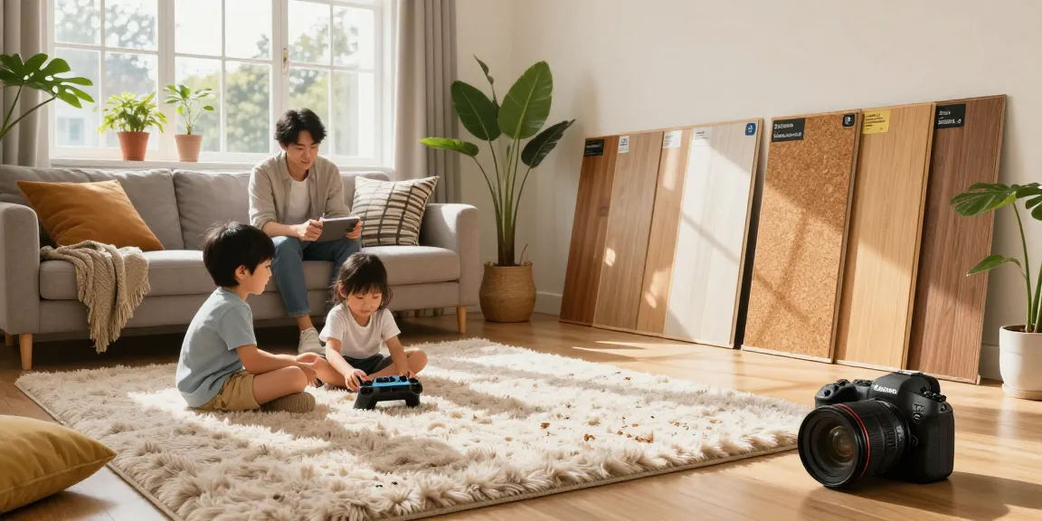 Top acoustic flooring options for UK homes highlighted in a cozy family living space with sunlight and comfort.