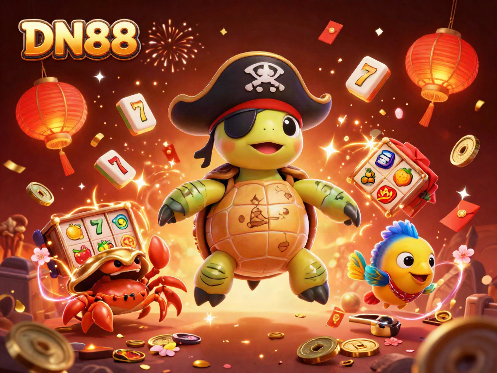Engage with DN88's vibrant casino scene featuring animated characters and slot game elements.