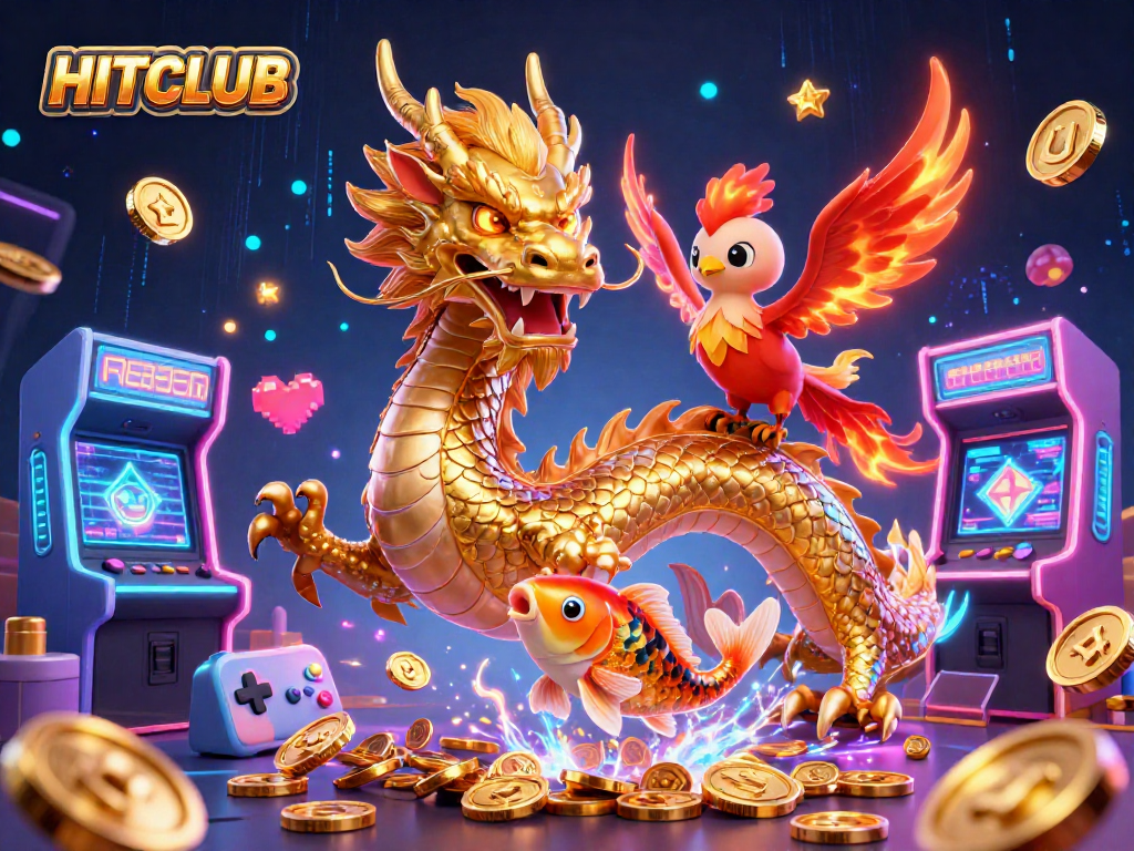Play and win with HITCLUB, featuring a golden dragon, a phoenix, and coins in an engaging casino scene.
