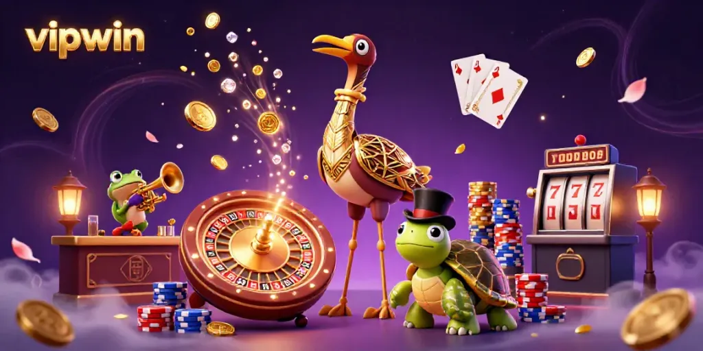 Experience the excitement of vipwin with vibrant characters surrounded by cascading casino elements.