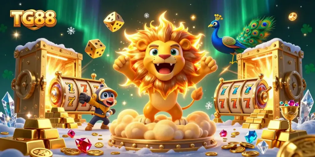TG88 players celebrate wins in a vibrant casino scene filled with golden treasures and game symbols.