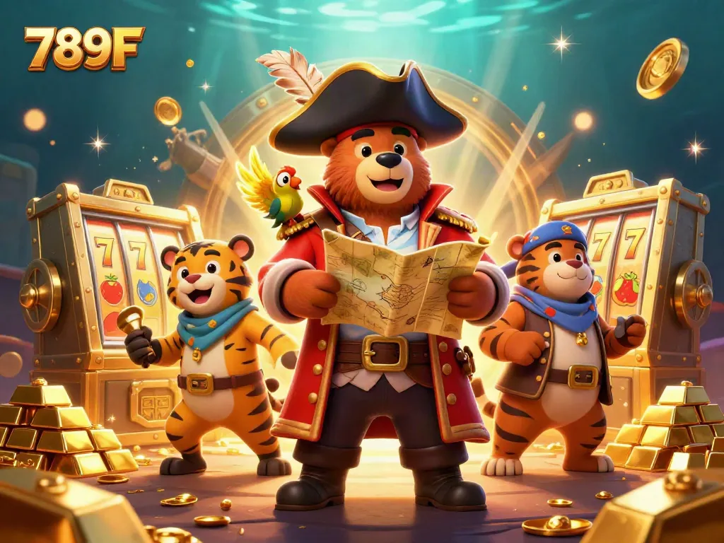 Engage with 789F's thrilling gambling scene where characters celebrate amidst golden treasures and slot machines.
