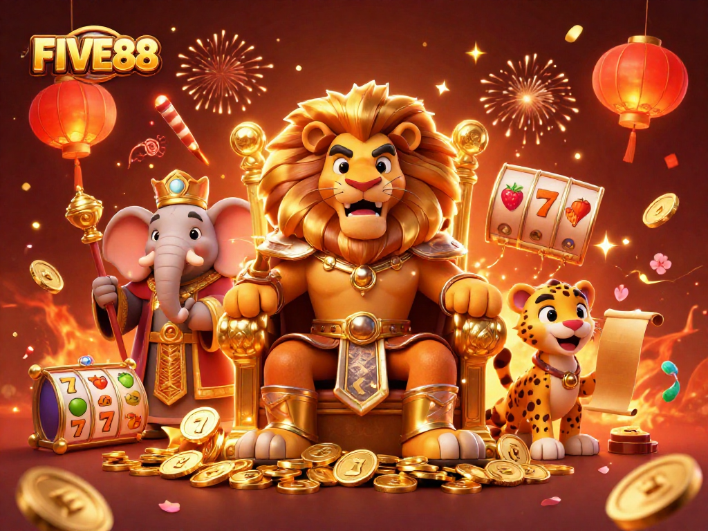 Experience thrilling gameplay at FIVE88 with vibrant casino characters surrounded by jackpot excitement.