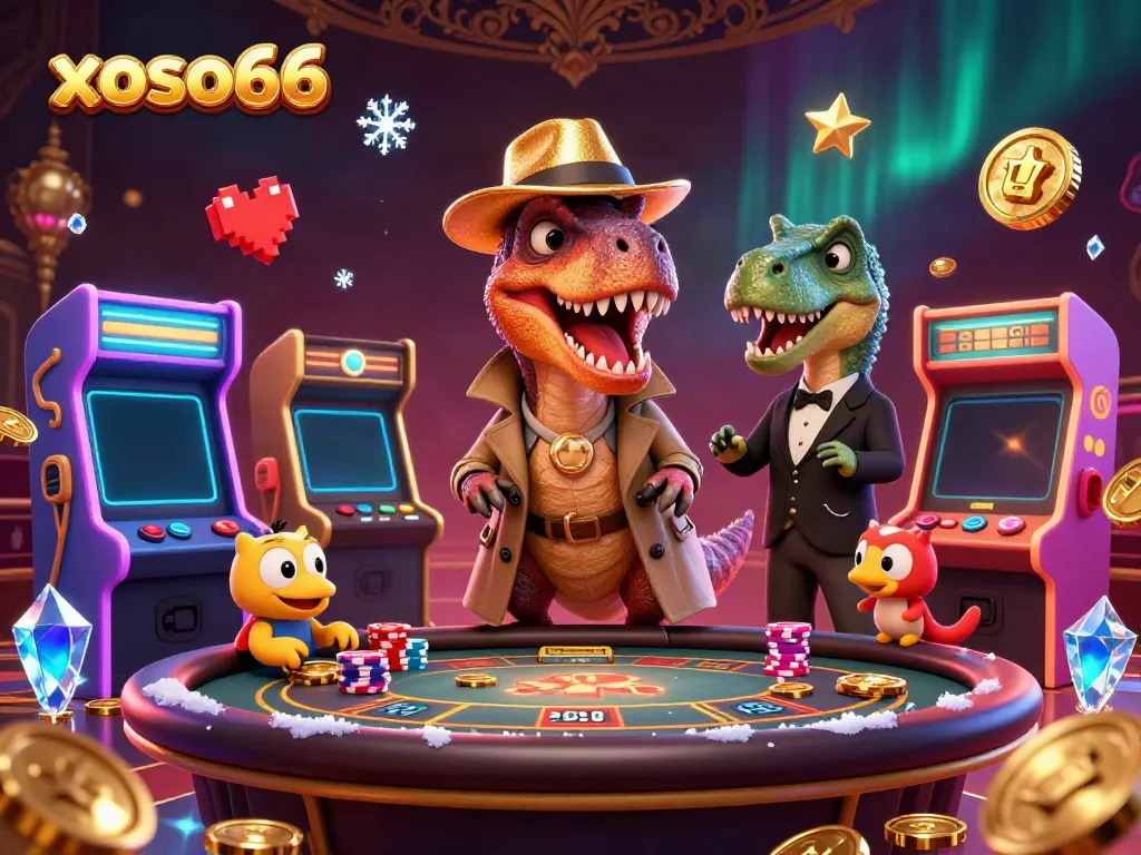 Experience xoso66's thrilling blackjack scene with playful dinosaur characters in a vibrant casino setting.