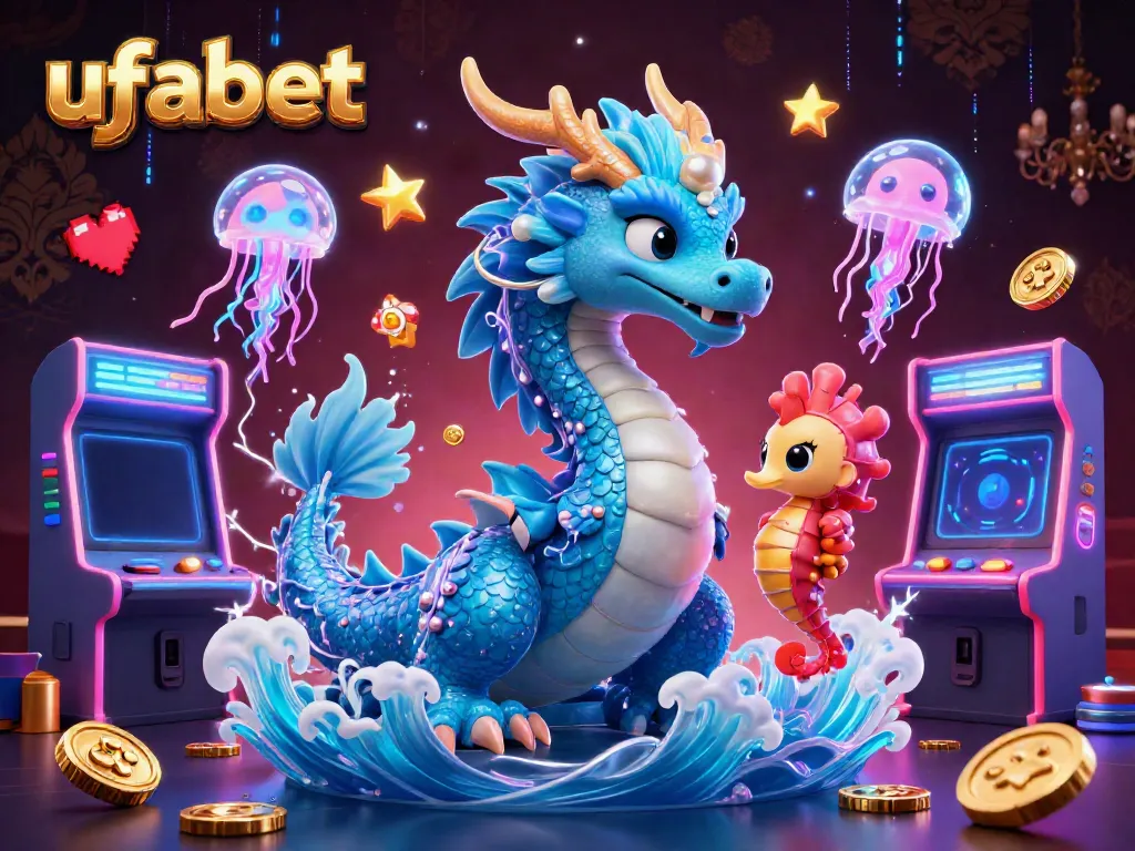 Experience exhilarating ufabet gaming action with a majestic dragon, seahorse knight, and vibrant casino elements.