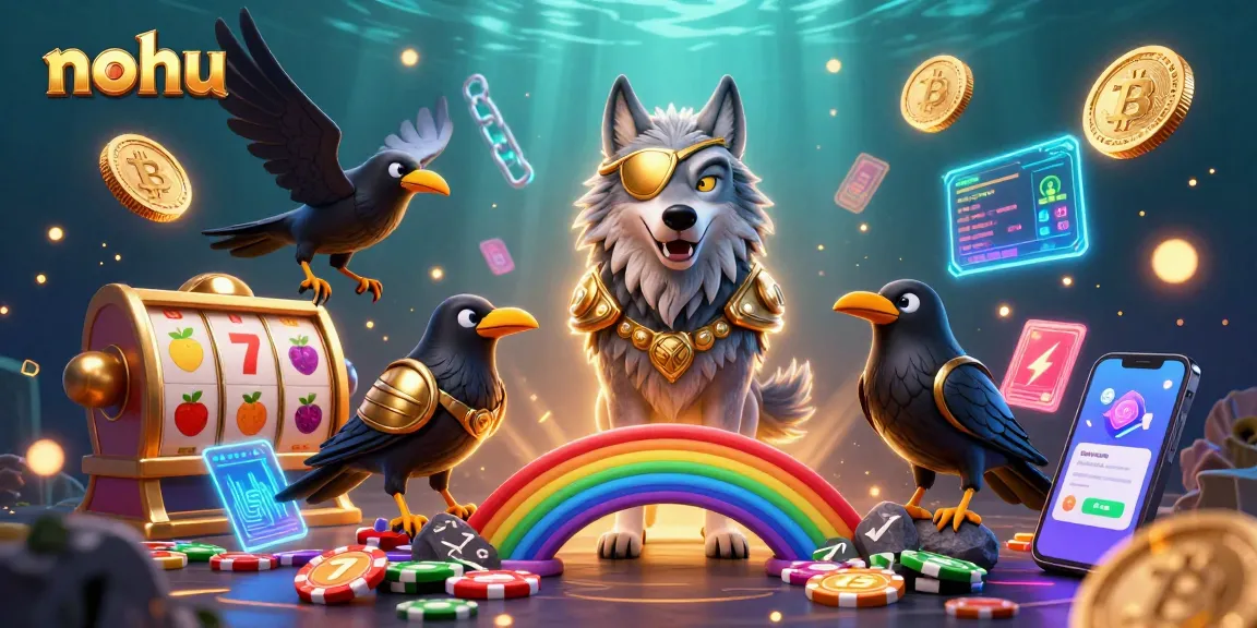 Nohus the Norse-inspired casino characters navigate thrilling slot adventures amid vibrant glowing coins and chips.