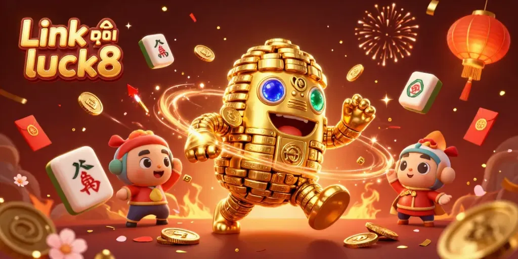 Experience the thrill with Link vào luck8 in this vibrant 3D casino scene filled with gold coins and festive elements.