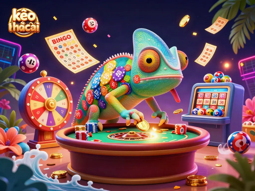 Engage with kèo nhà cái as vibrant colored casino elements and an animated chameleon owner enhance the gaming experience.