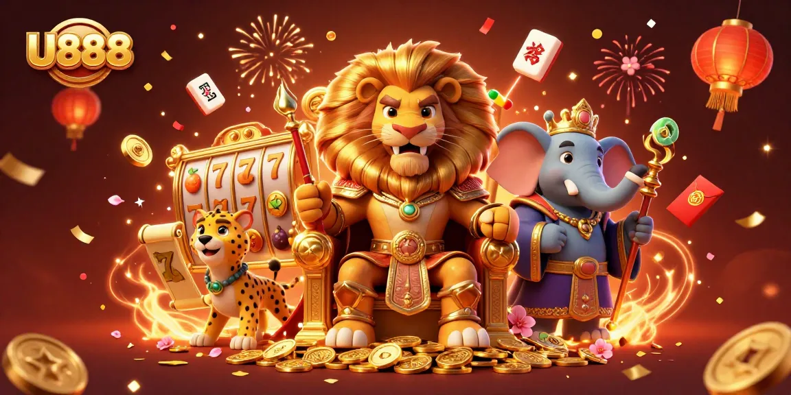 Engage with U888's vibrant casino scene featuring a lion king and dynamic gaming elements.
