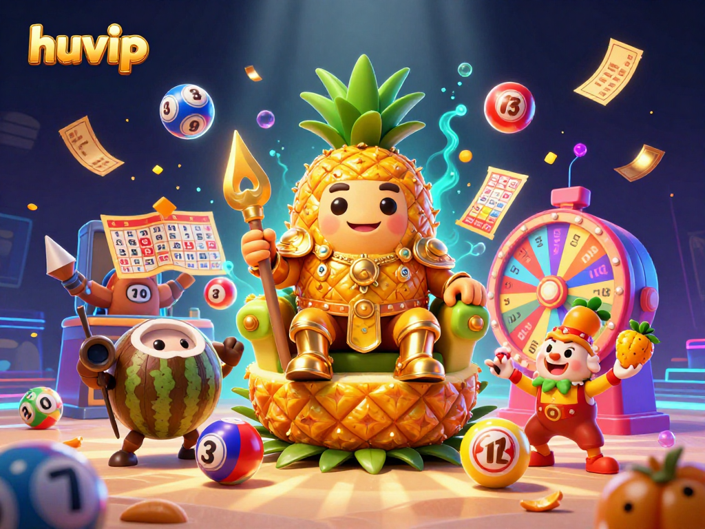 Experience huvip's vibrant casino world with a cartoon pineapple king and dynamic game elements.