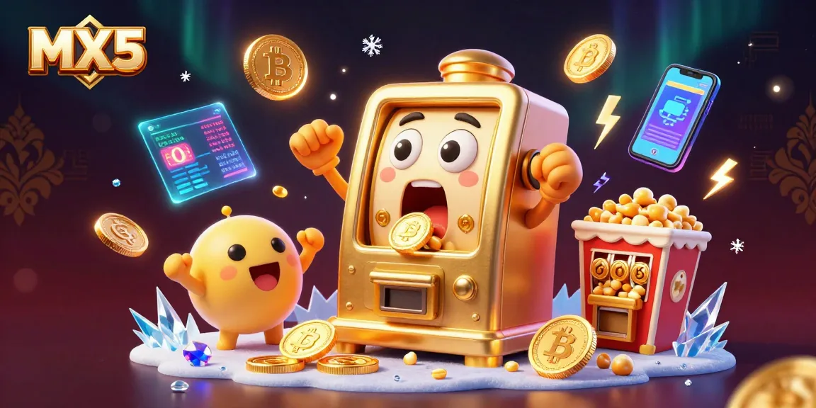 Winning at MX5 with a joyful golden slot machine pouring coins, symbolizing successful gaming.