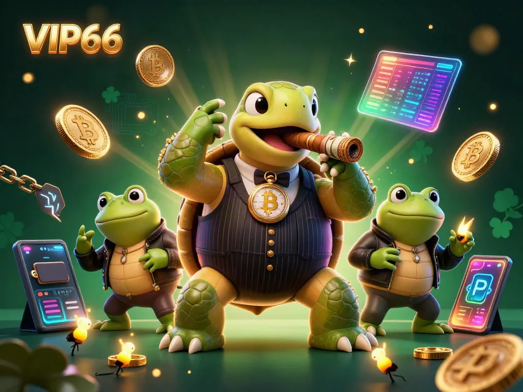Experience exciting gameplay at VIP66 with a cartoon turtle and bullfrogs in a bustling casino scene.