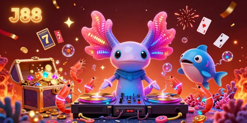 Experience thrilling gameplay with J88, featuring a neon-colored DJ and vibrant animated sea creatures in a lavish undersea casino.