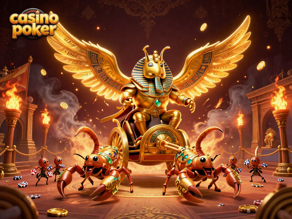 Compete in casino poker with a massive golden scarab and scorpions in an action-packed scene.