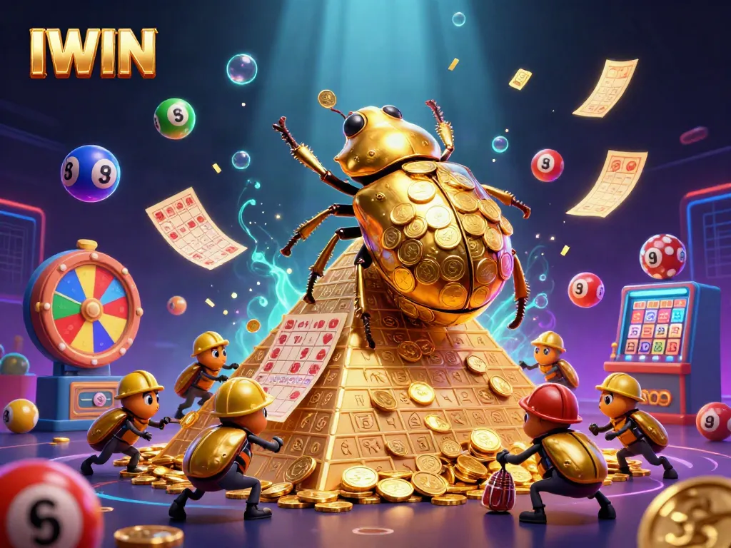 Join the IWIN adventure as cartoon golden beetles roll coins up a pyramid amidst colorful lottery chaos.