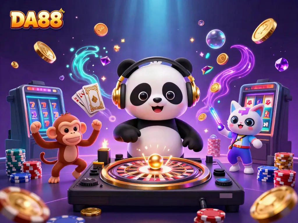 Spin and win at DA88 with a DJ panda and lively creatures, celebrating vibrant casino fun.