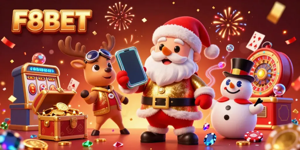 Experience F8BET's exciting world with a festive 3D casino illustration of Santa Claus and friends celebrating jackpot slots.