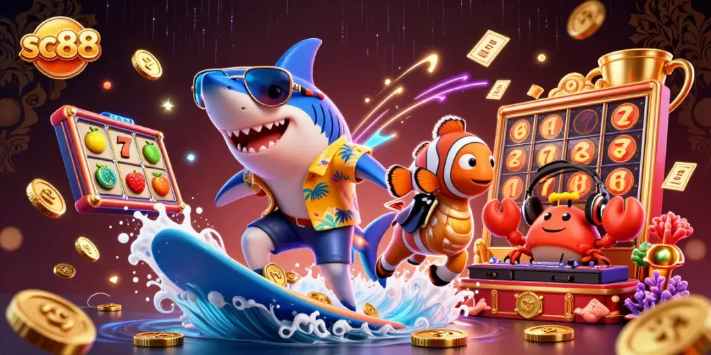 Engage with exciting sc88 casino adventures as a shark surfs on gold coins amidst vibrant gaming elements.
