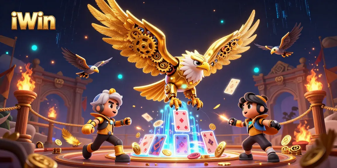 iWin engages bettors with a 3D cybernetic eagle soaring through holographic playing cards
