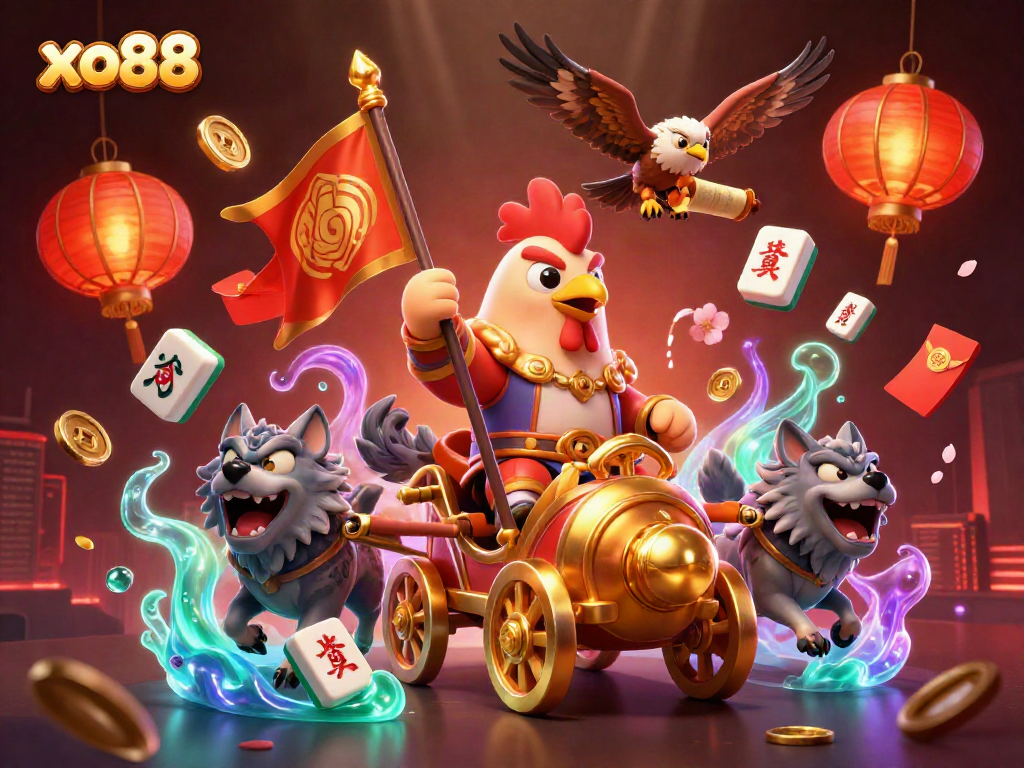 Experience thrilling adventures with xo88, featuring a dynamic 3D cartoon scene illustrating a rooster warlord in a golden chariot.