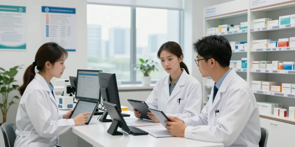 DHA license consultation among pharmacists in a modern pharmacy.