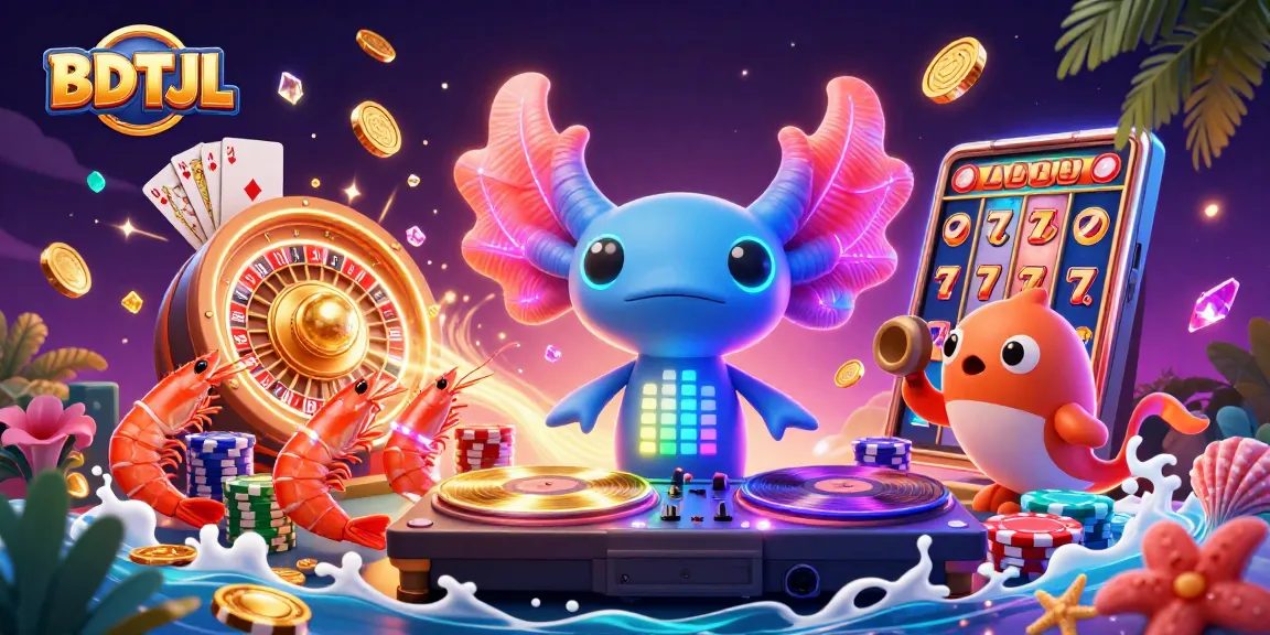 Engage with the vibrant world of BDTJL, where a neon axolotl DJ spins golden records underwater amidst dazzling casino elements.