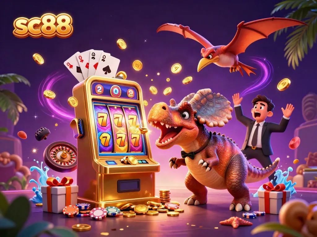 sc88 slot machine jackpot excitement with cartoon dinosaurs and golden coins