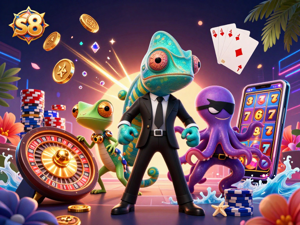 Experience the thrills of s8 gaming with a vibrant 3D casino scene featuring dynamic characters and rich elements.