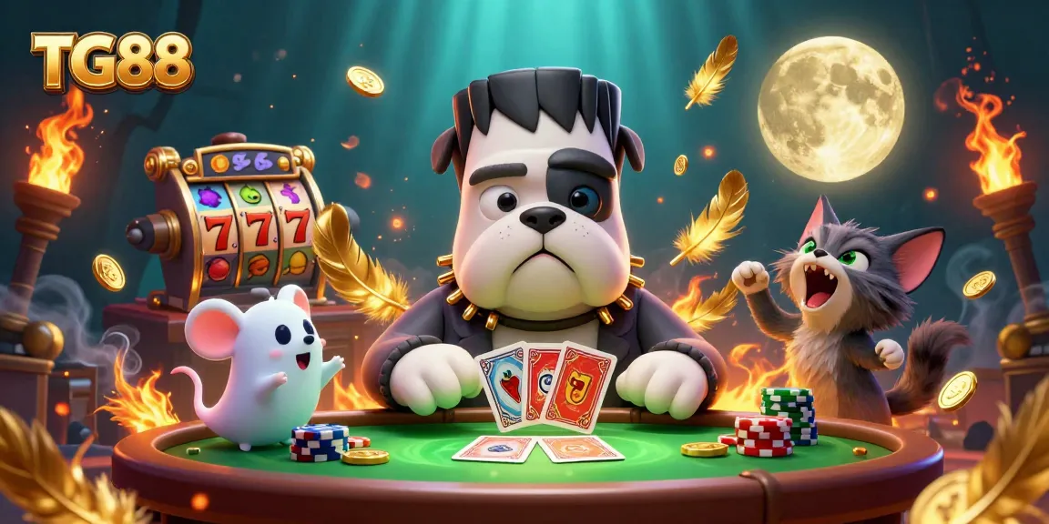 TG88 features a captivating 3D scene with the Frankenstein bulldog monster dealing cards amidst a vibrant casino atmosphere.
