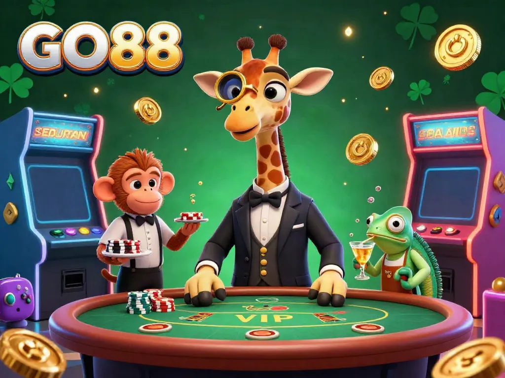 Experience the thrilling GO88 casino atmosphere with a high-roller giraffe and vibrant game elements.