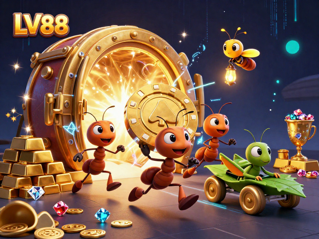 Catch the excitement at LV88 as cartoon ants steal a giant poker chip amidst glittering treasures.