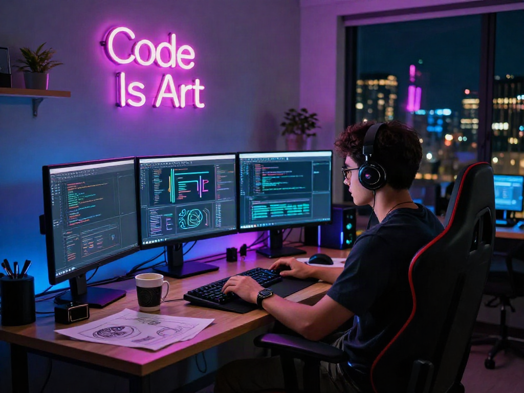 Developer coding an nsfw ai application in a vibrant tech workspace